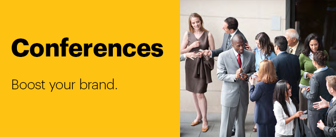 Yellow panel with text 'Conferences. Boost your brand.' beside a diverse group of professionals networking and exchanging business cards.