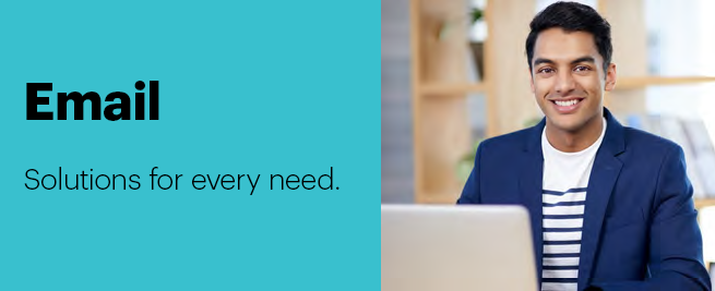 Smiling person in a blazer and striped shirt sits at a desk with a laptop. Text reads "Email: Solutions for every need."