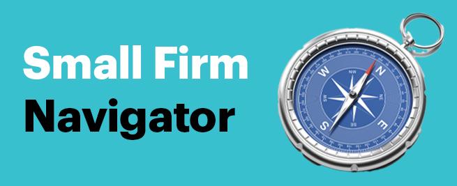Image of a blue compass on a turquoise background with the text "Small Firm Navigator" beside it.
