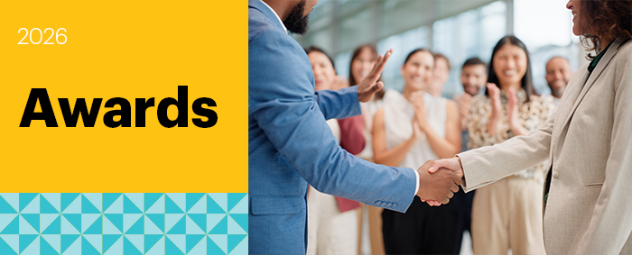 People shake hands while others clap in a modern setting. Text reads "2026 Awards" on a yellow and blue patterned background.