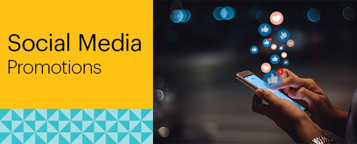 Smartphone with social media icons hovering, next to a banner saying "Social Media Promotions" on a yellow and blue geometric background.